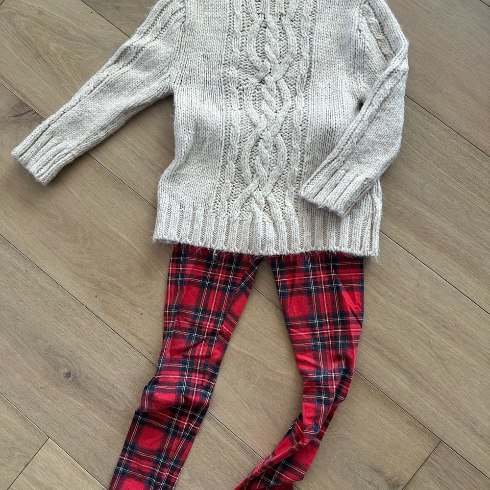 Cable Knit Sweater and Plaid Leggings Set